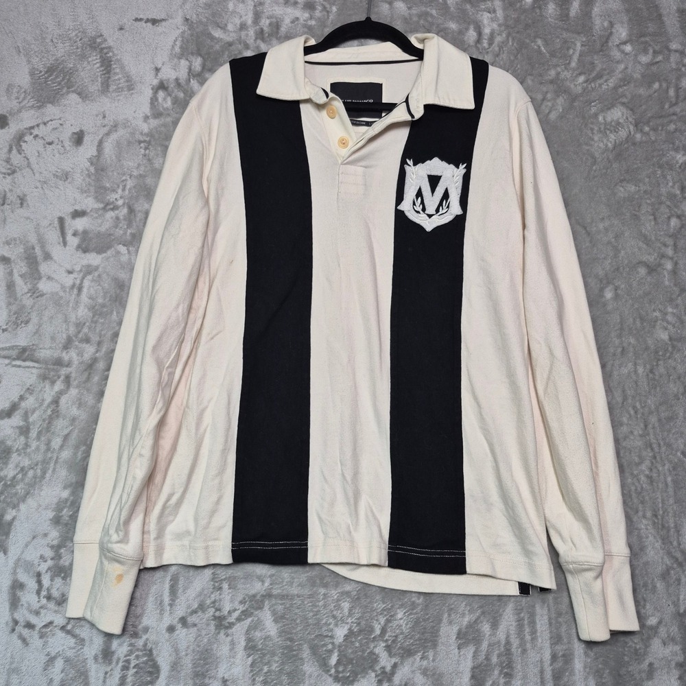 Club Monaco Mens L Rugby Shirt Long Sleeve Cream Black Striped M Crest Cotton